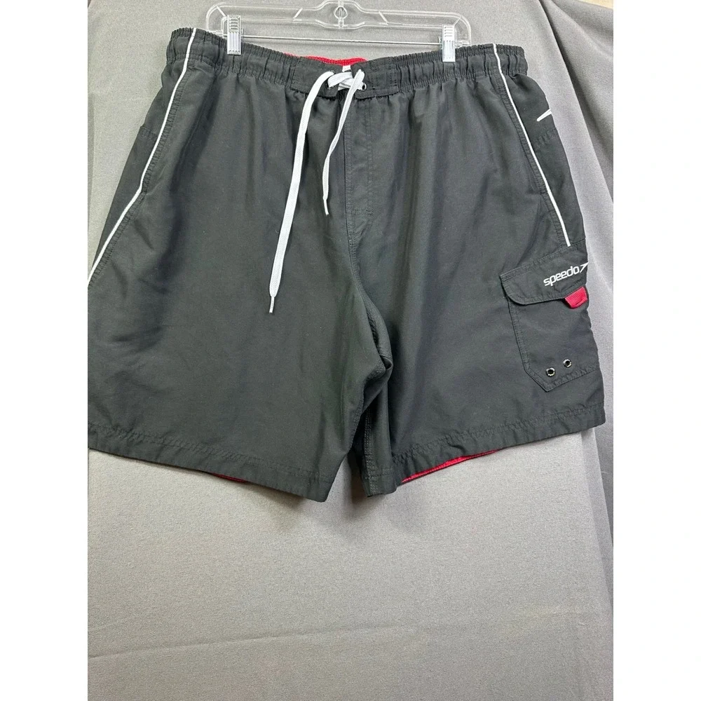 Speedo Men's Swim‎ Trunks Black Board Shorts Cargo Pocket White Piping XXL